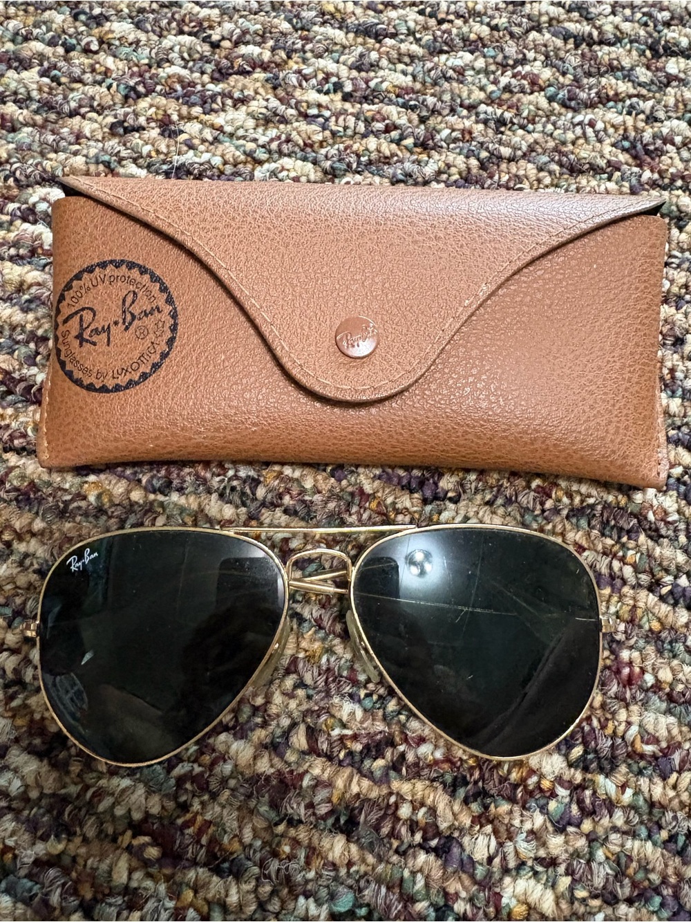Ray-Ban Gold Frame Black Lens Aviator Sunglasses with Brown Case